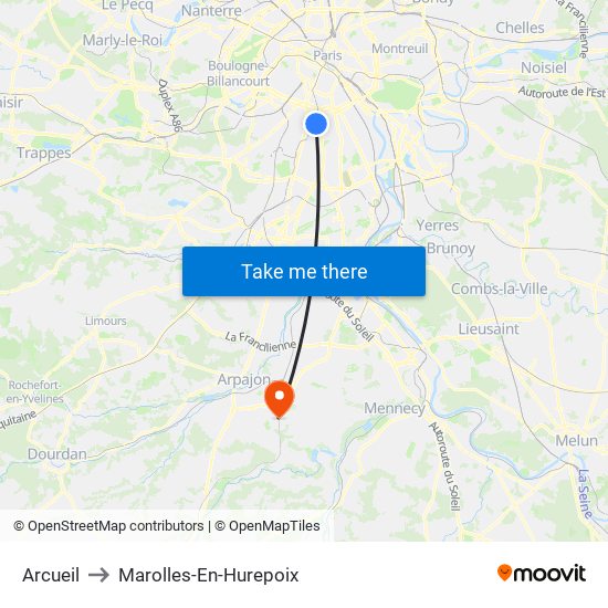 Arcueil to Marolles-En-Hurepoix map