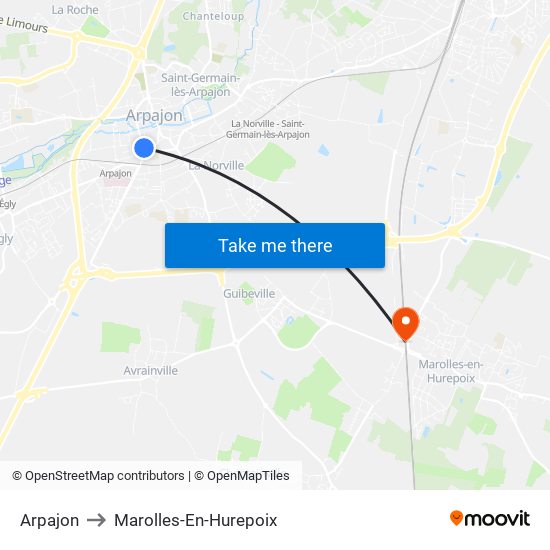 Arpajon to Marolles-En-Hurepoix map