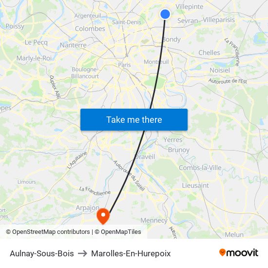 Aulnay-Sous-Bois to Marolles-En-Hurepoix map