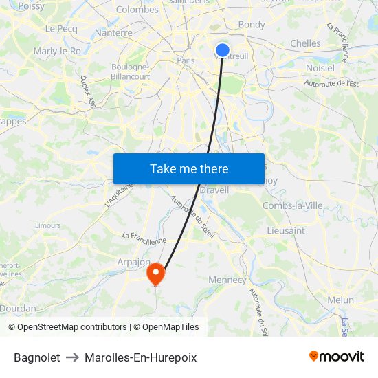 Bagnolet to Marolles-En-Hurepoix map