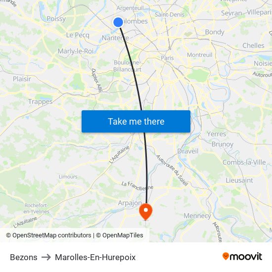 Bezons to Marolles-En-Hurepoix map