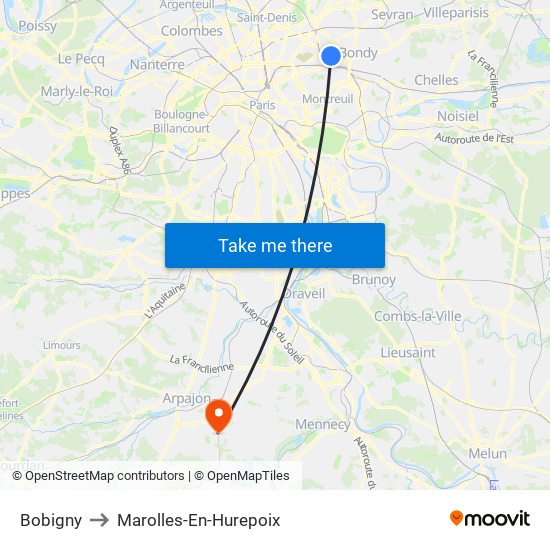 Bobigny to Marolles-En-Hurepoix map