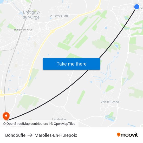 Bondoufle to Marolles-En-Hurepoix map