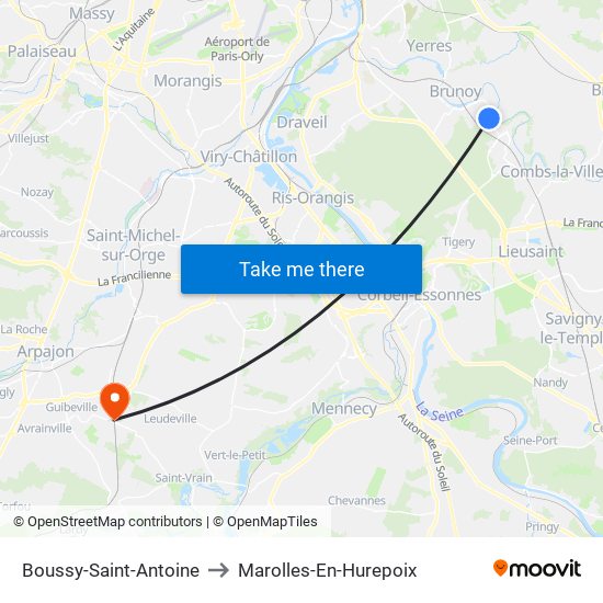 Boussy-Saint-Antoine to Marolles-En-Hurepoix map