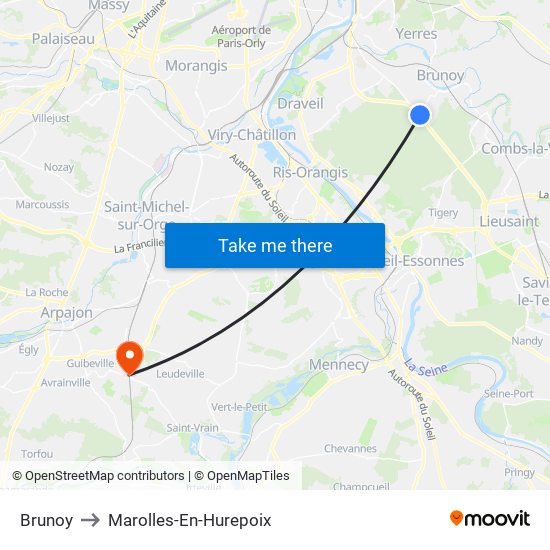Brunoy to Marolles-En-Hurepoix map