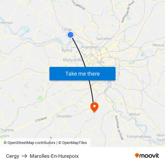 Cergy to Marolles-En-Hurepoix map