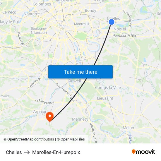 Chelles to Marolles-En-Hurepoix map