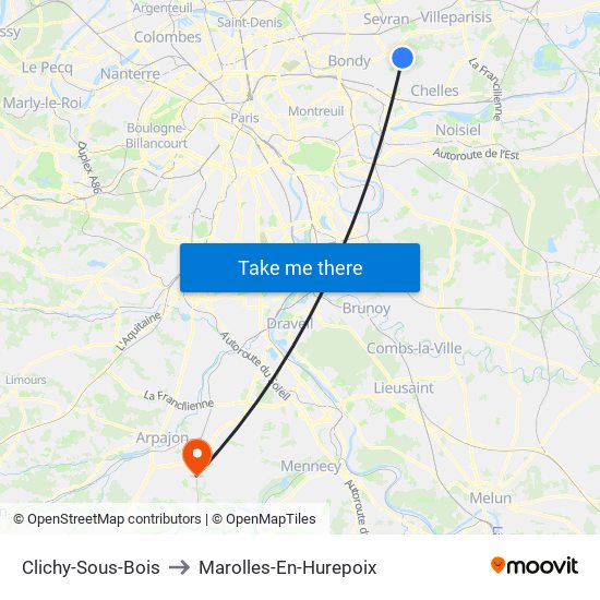 Clichy-Sous-Bois to Marolles-En-Hurepoix map