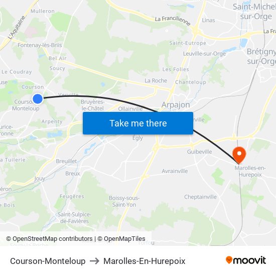 Courson-Monteloup to Marolles-En-Hurepoix map