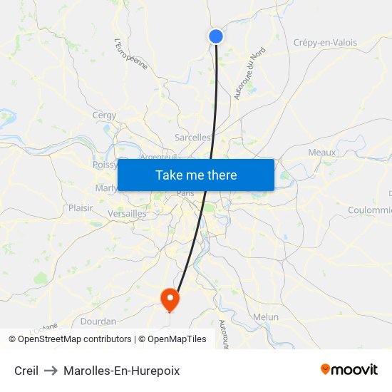 Creil to Marolles-En-Hurepoix map