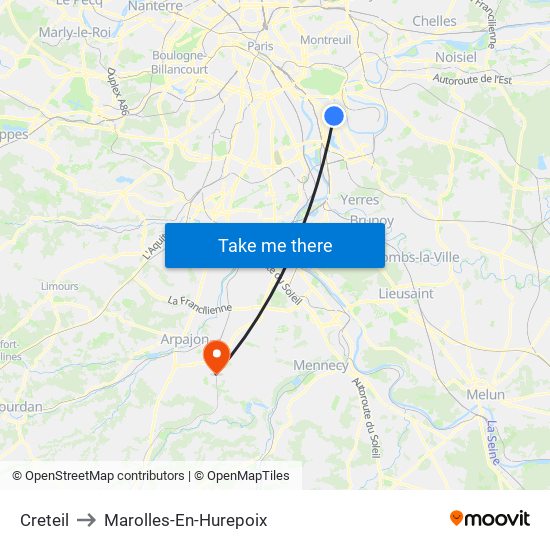 Creteil to Marolles-En-Hurepoix map