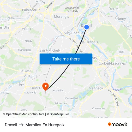 Draveil to Marolles-En-Hurepoix map