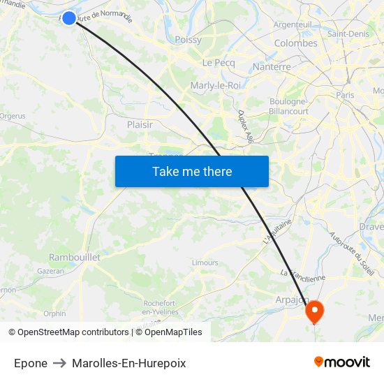 Epone to Marolles-En-Hurepoix map
