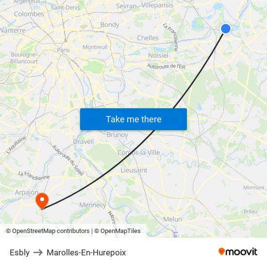 Esbly to Marolles-En-Hurepoix map
