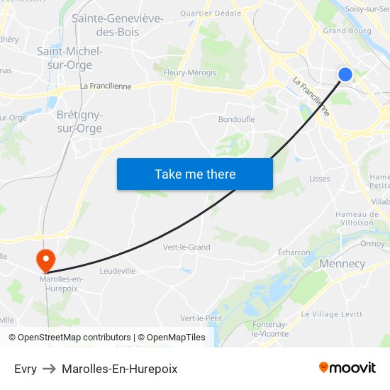 Evry to Marolles-En-Hurepoix map
