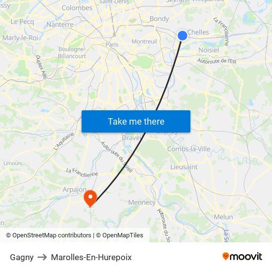 Gagny to Marolles-En-Hurepoix map