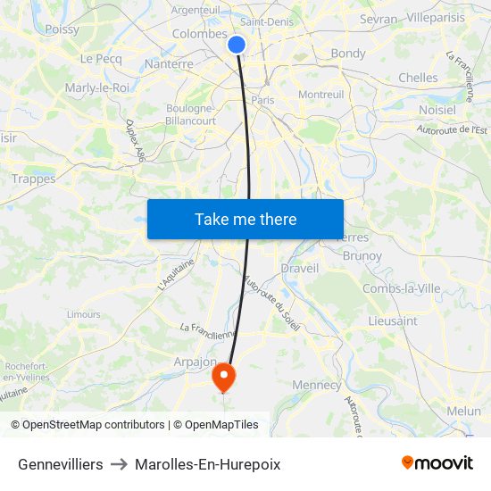 Gennevilliers to Marolles-En-Hurepoix map