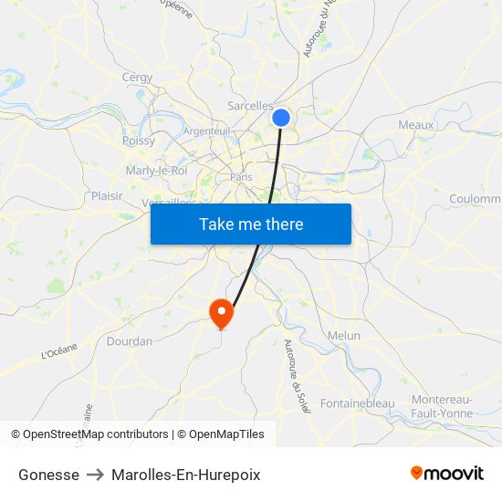 Gonesse to Marolles-En-Hurepoix map