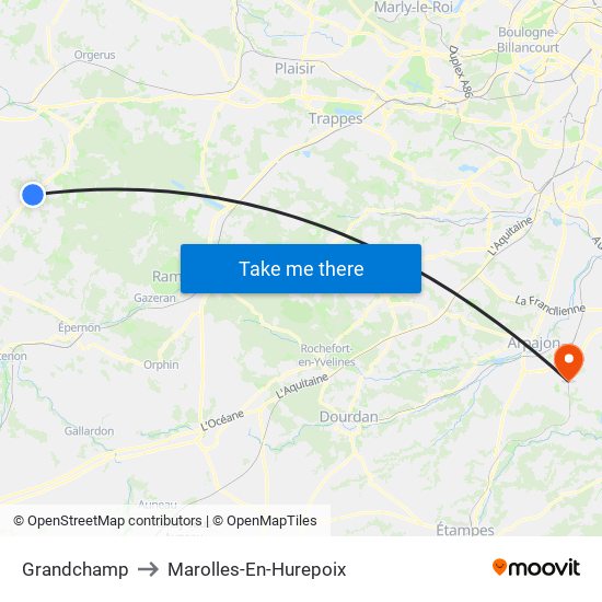 Grandchamp to Marolles-En-Hurepoix map
