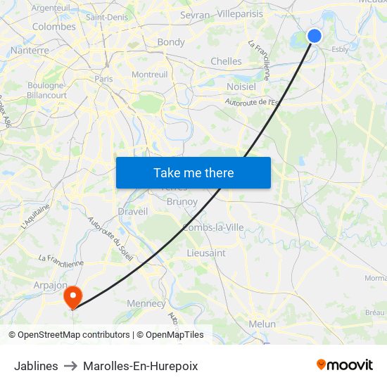 Jablines to Marolles-En-Hurepoix map