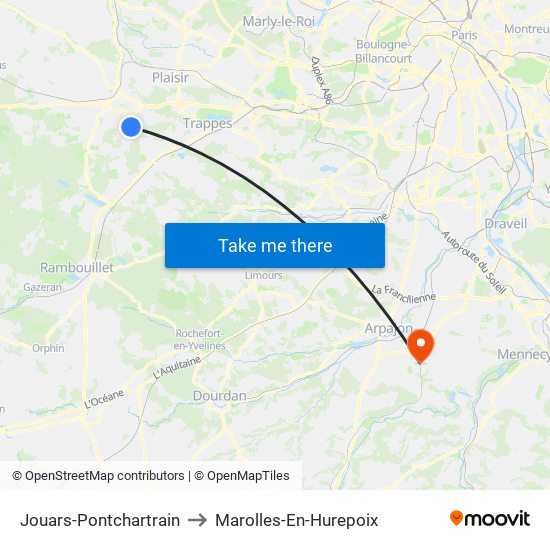 Jouars-Pontchartrain to Marolles-En-Hurepoix map