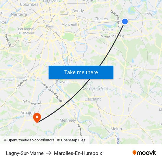 Lagny-Sur-Marne to Marolles-En-Hurepoix map