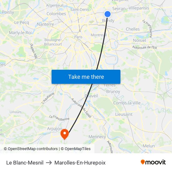 Le Blanc-Mesnil to Marolles-En-Hurepoix map