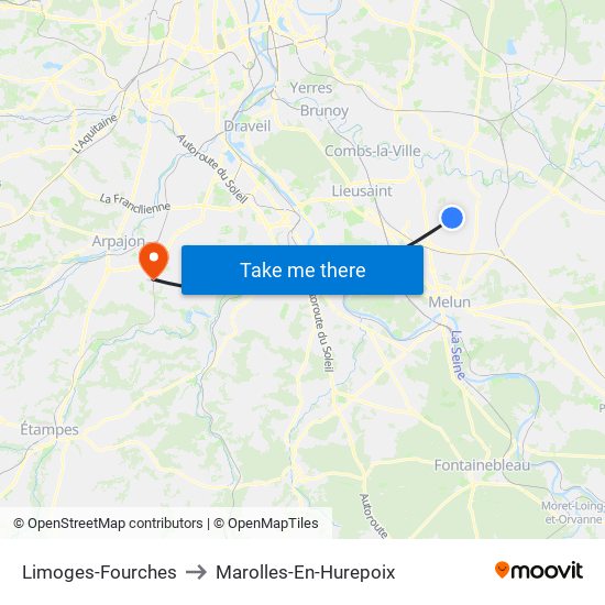 Limoges-Fourches to Marolles-En-Hurepoix map
