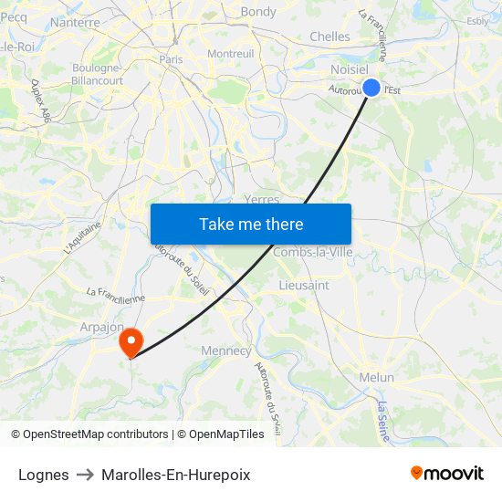 Lognes to Marolles-En-Hurepoix map