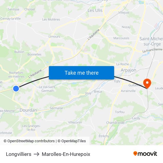 Longvilliers to Marolles-En-Hurepoix map