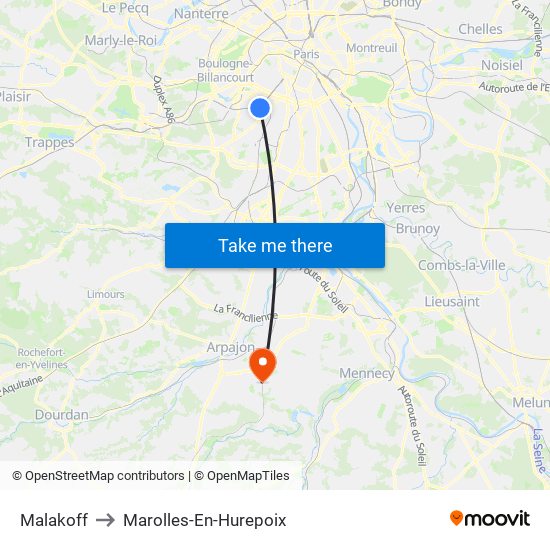 Malakoff to Marolles-En-Hurepoix map