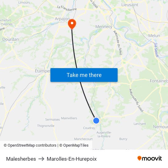 Malesherbes to Marolles-En-Hurepoix map