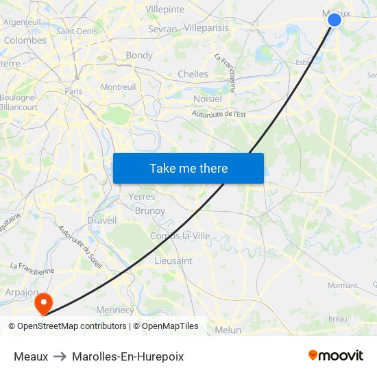 Meaux to Marolles-En-Hurepoix map