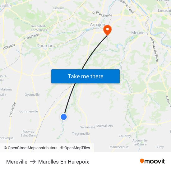 Mereville to Marolles-En-Hurepoix map