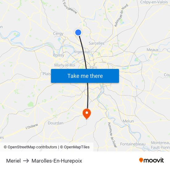 Meriel to Marolles-En-Hurepoix map