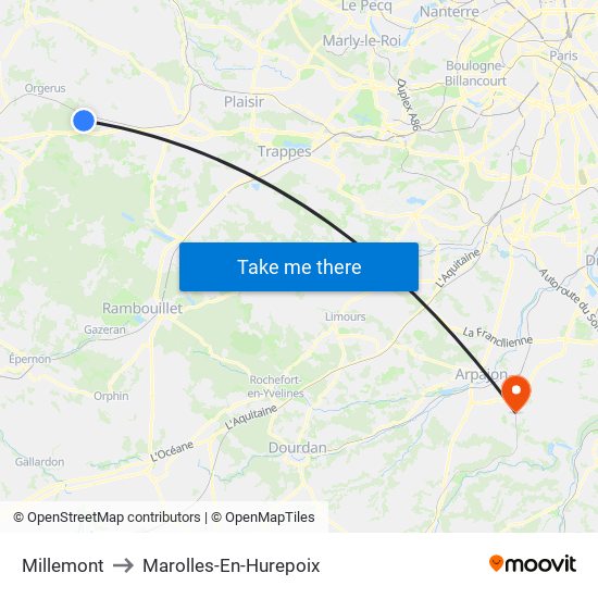 Millemont to Marolles-En-Hurepoix map