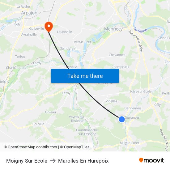 Moigny-Sur-Ecole to Marolles-En-Hurepoix map