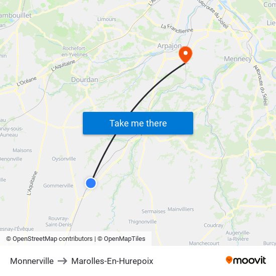 Monnerville to Marolles-En-Hurepoix map