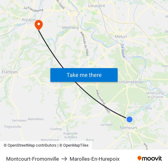 Montcourt-Fromonville to Marolles-En-Hurepoix map