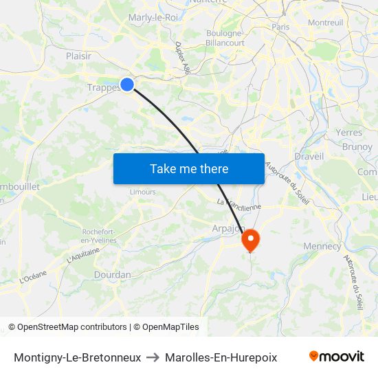 Montigny-Le-Bretonneux to Marolles-En-Hurepoix map