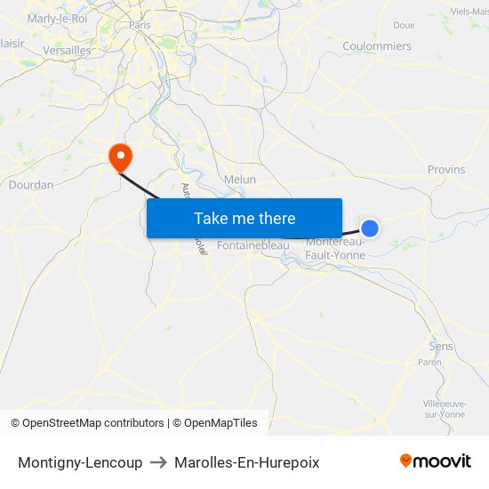 Montigny-Lencoup to Marolles-En-Hurepoix map