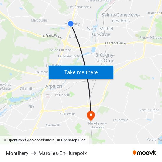 Montlhery to Marolles-En-Hurepoix map