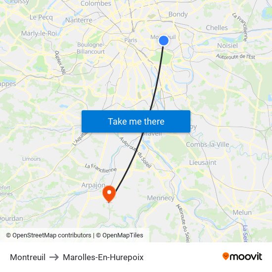 Montreuil to Marolles-En-Hurepoix map