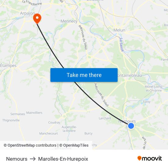 Nemours to Marolles-En-Hurepoix map
