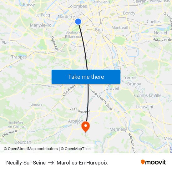 Neuilly-Sur-Seine to Marolles-En-Hurepoix map