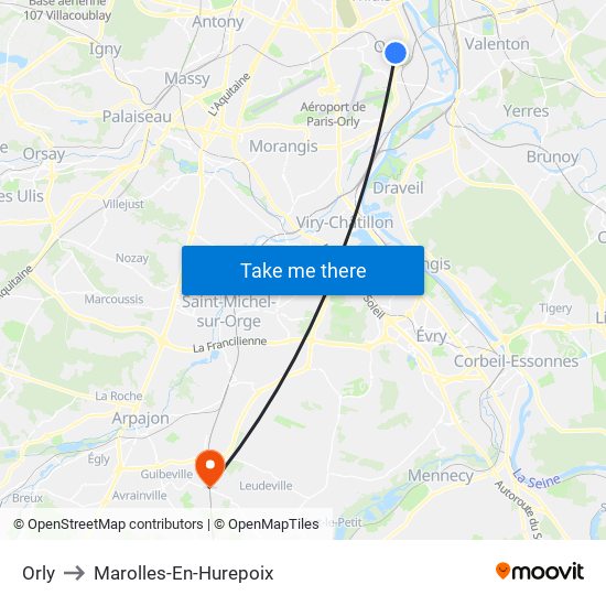 Orly to Marolles-En-Hurepoix map