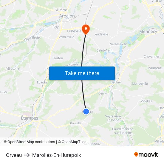 Orveau to Marolles-En-Hurepoix map