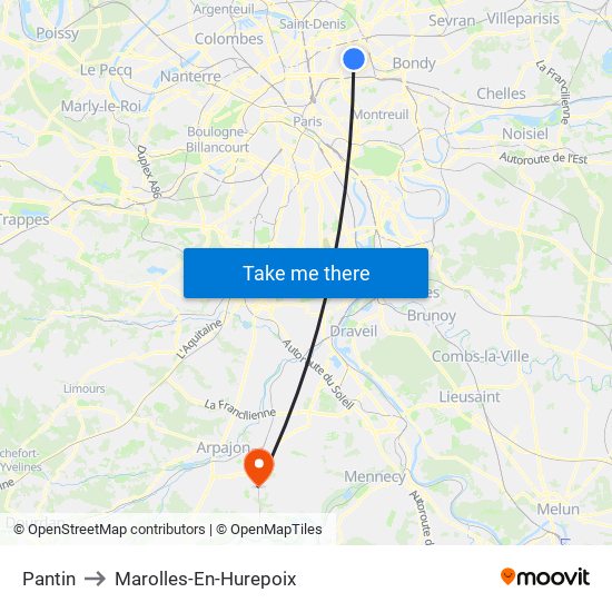 Pantin to Marolles-En-Hurepoix map