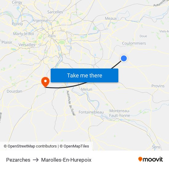 Pezarches to Marolles-En-Hurepoix map