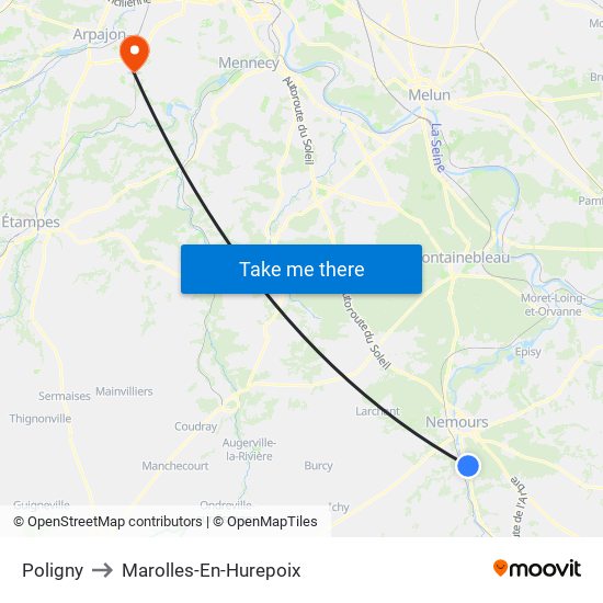 Poligny to Marolles-En-Hurepoix map